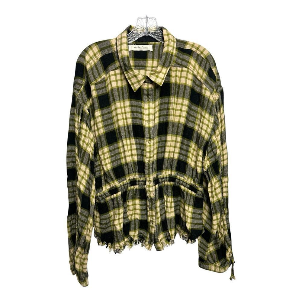 Women’s We The Free Plaid Thin Flannel Green Black Blouse Shirt Hobo Crop XL